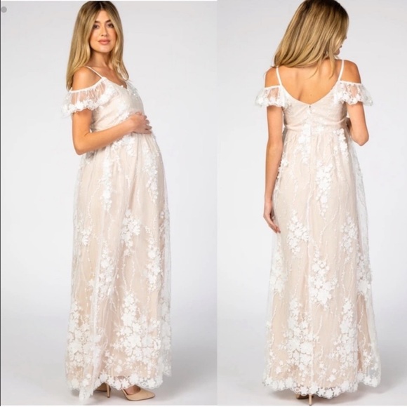 Pinkblush Ivory Floral Embroidered Lace Mesh Maternity Maxi Dress - Picture 1 of 15